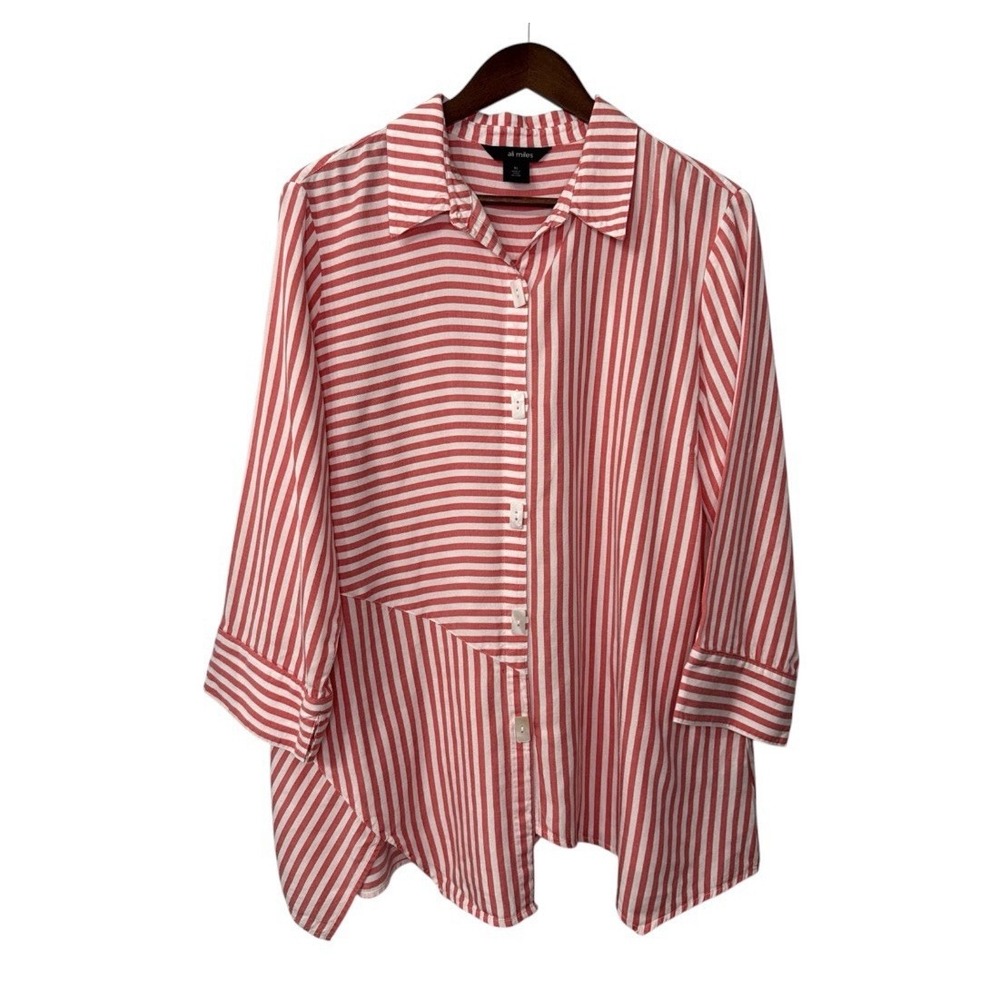 Ali Miles asymmetrical button up blouse womens XL coral stripe colorful art boho
